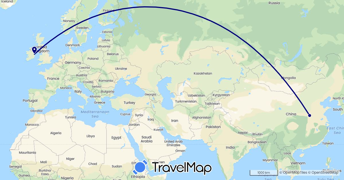 TravelMap itinerary: driving in China, Ireland (Asia, Europe)